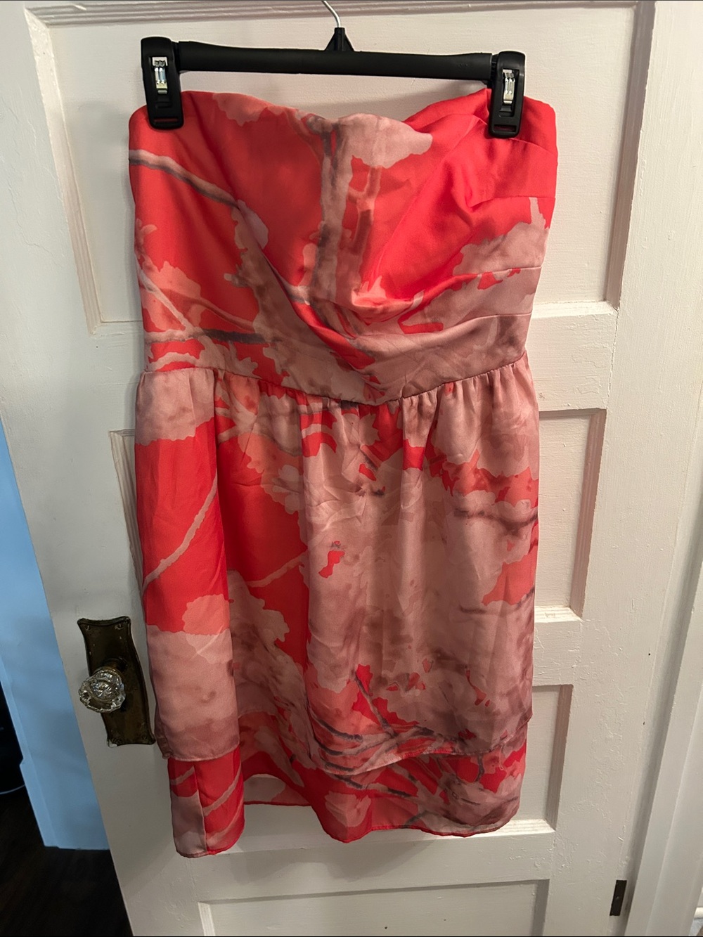 The Limited Strapless Coral and Blush Watercolor Print Dress